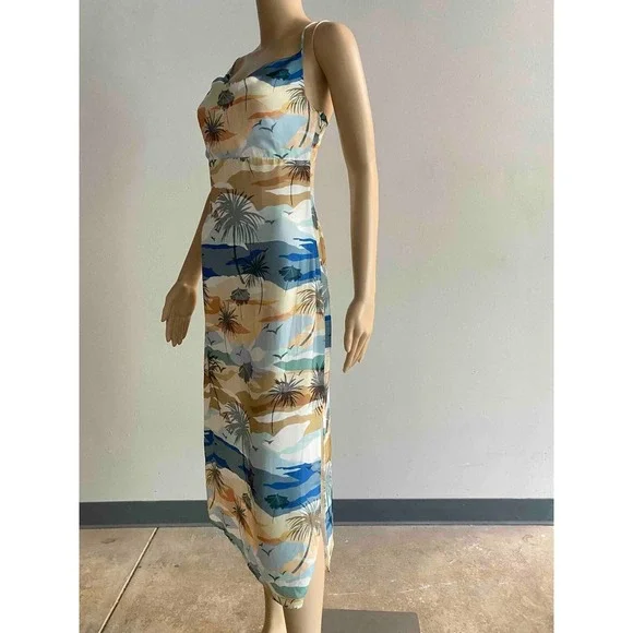 GREYLIN Tropical Palm Tree Cowl Neck Slip Dress Blue Tan XS - Picture 3 of 7